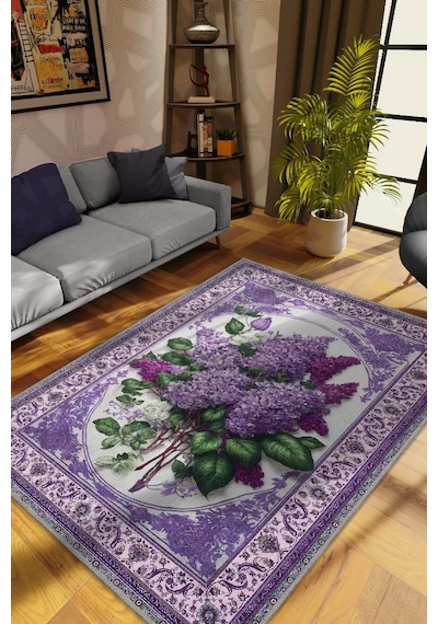 Homshtag Art Deco Leylak Çiçeği Vintage Halı Görünümlü Dijital Baskı Mor Halı,rustik Çiçekli Halı Çok Renkli