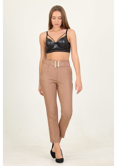 Neşeli Butik Kadın Camel Kemerli Yüksek Bel Havuç Pantolon Qns033