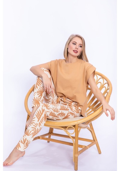 Arnetta Yaprak Desenli Camel Kadın Slim Fit Takım 5274-28908 Camel