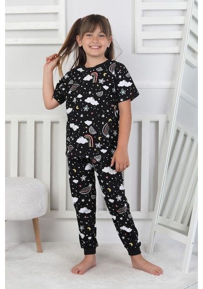 %100 Pamuk Gökkuşağı Desenli Kısa Kollu Manşetli Paça Kız Çocuk Pijama Takımı 3-8 Yaş Siyah %100 Pamuk Gökkuşağı Desenli Kısa Kollu Manşetli Paça Kız Çocuk Pijama Takımı 3-8 Yaş Siyah