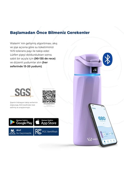Waterh Boost Akıllı Termos Hidrasyon Takibi Yapan, Yalıtımlı 0,71l / 24oz Akıllı Şişe Mor
