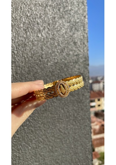 Örgü Burmalı Osmanlı Tuğralı Taşlı Altın Kelepçe Sarı Altın