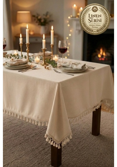 Linen Vintage Püsküllü Naturel Keten Masa Örtüsü - Ham Bej Yıkanmış Keten Bohem Sofra Örtüsü