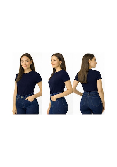 İngegno Body Bisiklet Yaka Yarım Kol Örme Kumaş Viskon Body Kadın Lacivert