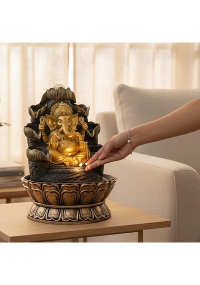 Dekoratif Büyük Ganesha Figürlü Led Işıklı Masaüstü Su Şelalesi Feng Shui Ev Ofis Dekoru 40 Cm