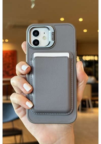 Apple Uyumlu iPhone 11 Premium Titanyum Gri Deri Magsafe Cüzdanlı Kartlıklı Kamera Çerçeve Standlı Kılıf Titanyum Gri