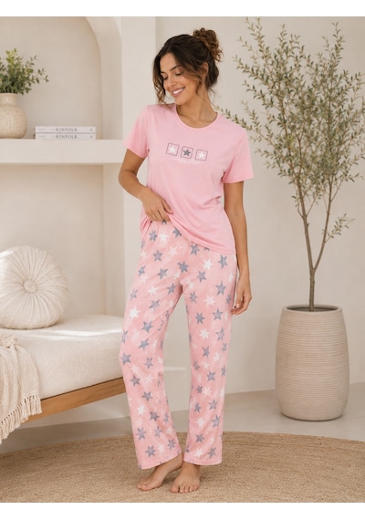 Wordex Mirano 4102 Yıldız Desenli Kısa Kollu Pamuklu Kadın Pijama Takımı Pembe