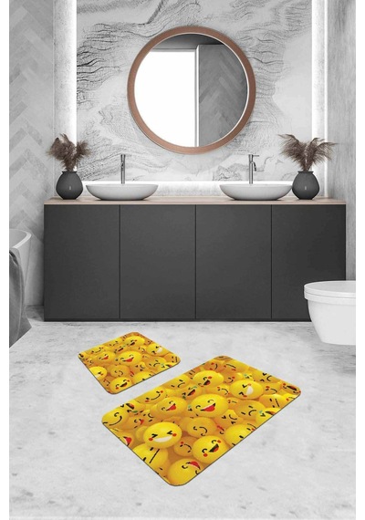 Sarı Smiley Banyo Halısı Klozet Takımı Paspas Seti Bs296