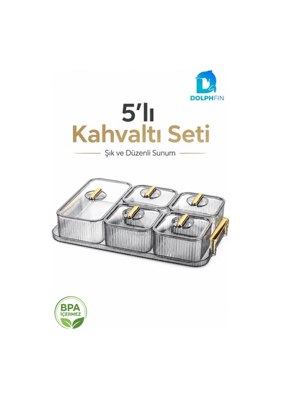 5 Li Kapaklı Kahvaltılık Seti Şeffaf Gold Kulplu Sunum Tepsili Bpa İçermez Seffaf