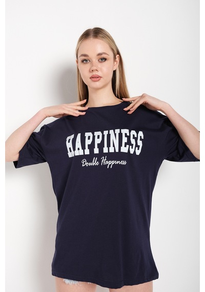Flood Of Style Kadın Lacivert Happıness Baskılı Oversize Tshirt