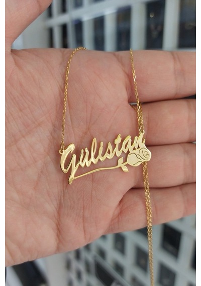 925 Ayar Gümüş 24 Ayar Altın Kaplama Gül Figürlü İsimli Kolye Gold
