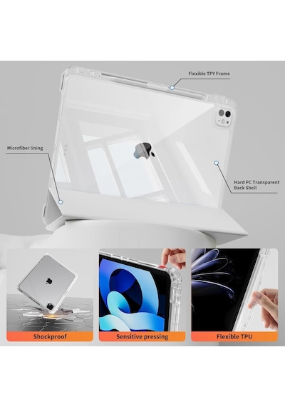 Apple Uyumlu iPad Pro 12.9 3./4./5./6. Nesil Kılıf Kalem Bölmeli Akrilik Şeffaf Ayrılabilir Case 2018-2022 Kılıf