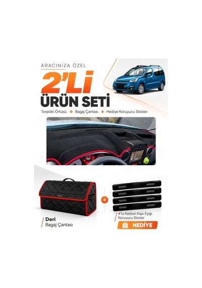 E-biz Citroen Berlingo Üst Çukurlu Kapaksız 2015-2020 Torpido + Deri Çanta - Siyah-kırmızı - Cı016