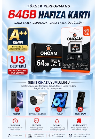 64gb Hafıza Kartı U3 Destekli A++ Class 10 Güvenlik Kameraları Telefon Müzik Çalar Ve Tablete Uygun Hafıza Kartı