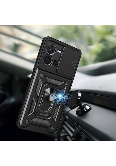 Maks Technology Vivo Y35 Kılıf Magnetik Standlı Kamera Korumalı Mkst Sürgülü Vega Kapak - Siyah