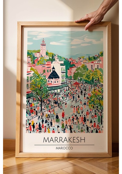 Fas Marrakesh Temalı Çerçeveli Tablo Travel Serisi Modern İllüstrasyon Şehir Duvar Dekoru Kayın