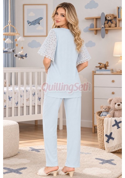 Lady Bebe Mavi Renkli Dantel Detaylı 33207 Kısa Kol 2 Parça Lohusa Hamile Pijama Takımı Açık Mavi