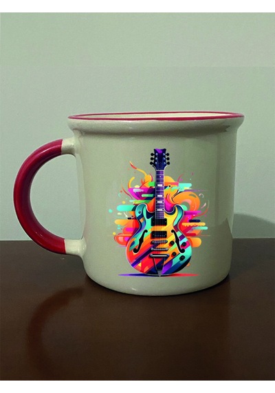 Gitar Baskılı Kırmızı Ağızlı Kupa Bardak - Seramik Çay, Kahve Hediyelik Bardağı Beyaz