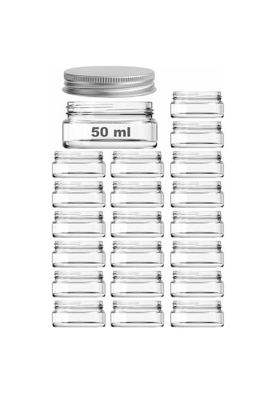 50 Ml Kapaklı Kozmetik Kavanozu 50 Cc Şeffaf Cam Krem Kavanoz 20 Adet, Metal Gümüş Kapak Çok Renkli