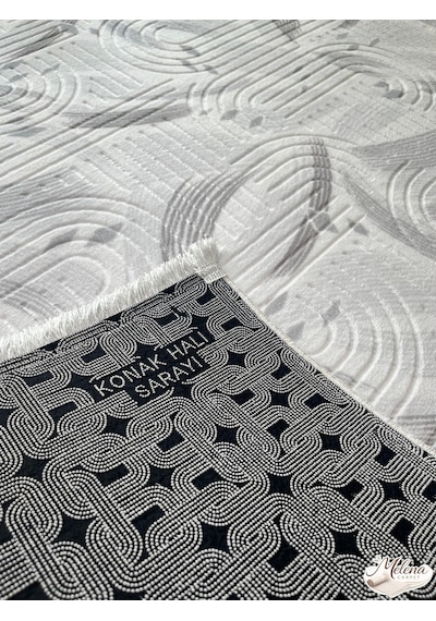 Konak Halı Modern Gri Çizgisel Desenli Emboss Saçaklı Salon Halısı Gri