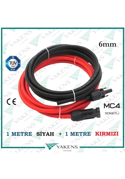 Mc4 Soketli (1m+1m) 2 Metre 6mm Güneş Paneli Hazır Solar Kablo Siyah Kırmızı