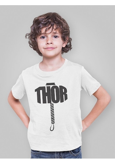 Sevbano Thor Çekiç Baskılı Unisex Avengers Çocuk Tişört 1-12 Yaş Beyaz