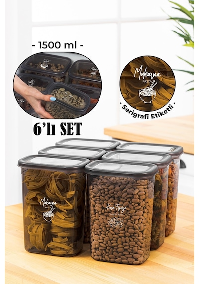 Vienev Beyaz Serigrafi Etiketli 6lı Peggy Dikdörtgen Saklama Kabı Seti 1500 Ml Antrasit