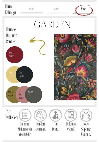 Garden 802 Gri Pembe Çiçekli Halı Tasarım Yıkanabilir İnce Halı Mutfak Oturma Odası Salon Halısı