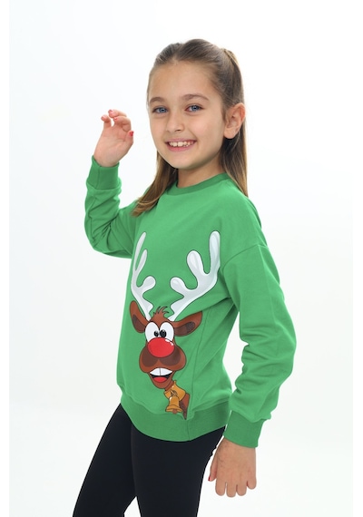 Toontoy Kız Çocuk Noel Baba Geyiği Baskılı Sweatshirt Çimen Yeşili