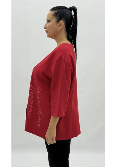 Büyük Beden Viskon Taşlı İnci Detaylı Kanguru Cepli Kapri Kol Oversize Kadın Sweat Kırmızı Büyük Beden Viskon Taşlı İnci Detaylı Kanguru Cepli Kapri Kol Oversize Kadın Sweat Kırmızı