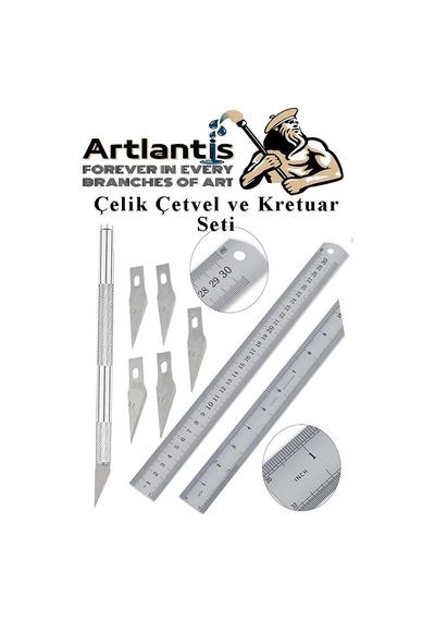 Artlantis Çelik Cetvel 30 Cm Ve Kretuar Bıçağı 5 Yedek Bıcaklı 1 Adet Paslanmaz Çelik Metal Çetvel 30 Santimetr Genel