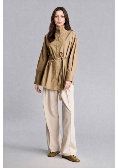 Defacto Regular Fit Dik Yaka Kuşaklı Poplin Uzun Kollu Tunik H3217ax26aukh185 Haki-kh185