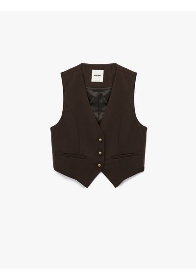 Koton Slim Fit V Yaka Düğmeli Crop Blazer Yelek Kahverengi 6wak20320ew Kahve