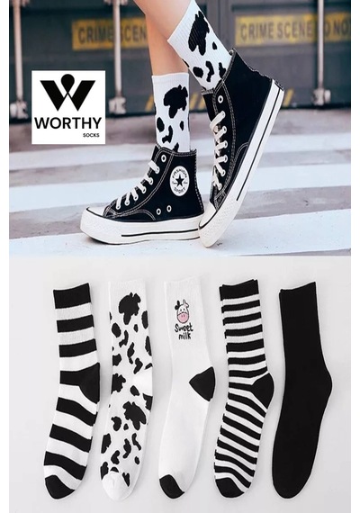 Worthy Socks 5'li Kadın Siyah-beyaz Inek Desenli Çizgili Pamuklu Tenis Kolej Çorap Siyqh-beyaz