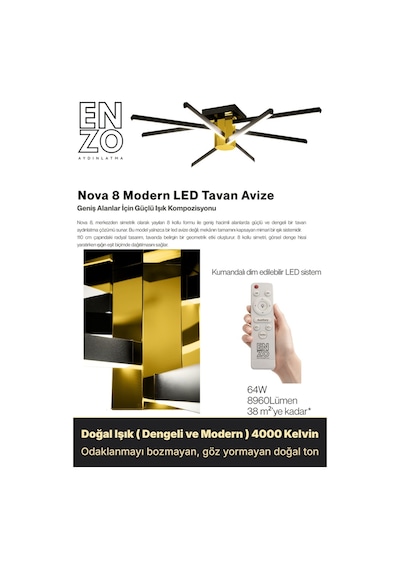 Nova 8 Gold Led Tavan Avize Kumandalı Dim Edilebilir Aşağı Işık Diğer