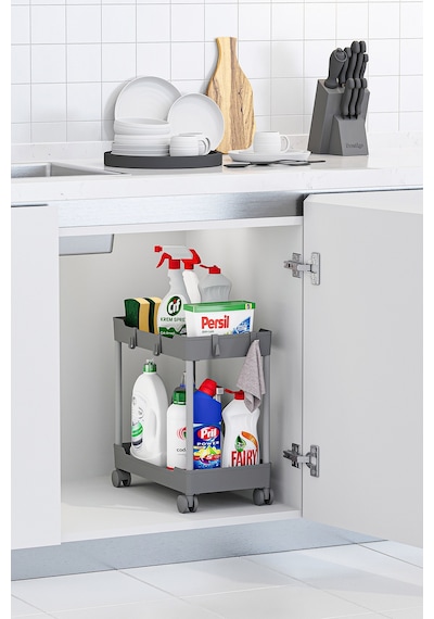 2 Adet Gri 2 Katlı Tekerlekli Düzenleyici Mutfak Ve Banyo Rafı