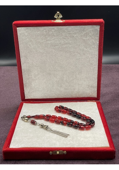 Alpaka Zincir Püsküllü Çift Renk Sıkma Kehribar Tesbih Kırmızı-siyah, 7x11 Mm