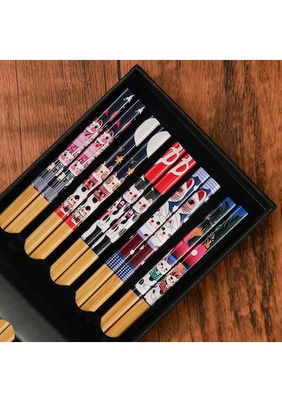 Valkyrie 5 Çift Japon Tarzı Ahşap Yemek Çubuğu Seti Kaymaz Uçlu Kedi Desenli Kutulu Chopstik Seti