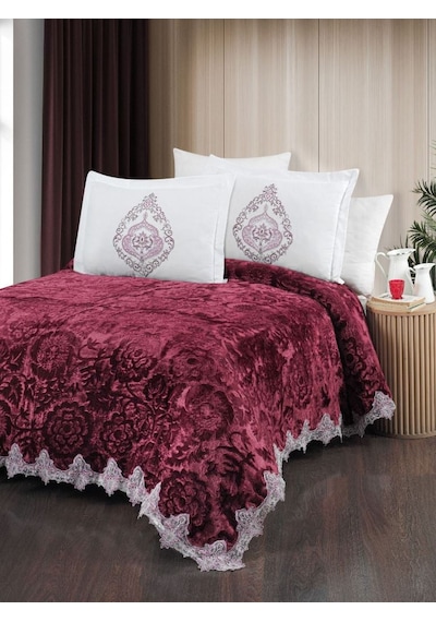 The Home Collection Bordo Larissa Fransız Güpürlü Battaniye Seti