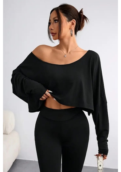 Kadın Düşük Omuz Kayık Yaka Oversize Uzun Kollu Crop T-shirt Siyah