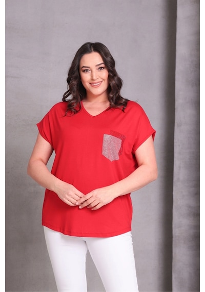 Cep Taş Baskılı Bluz Kırmızı