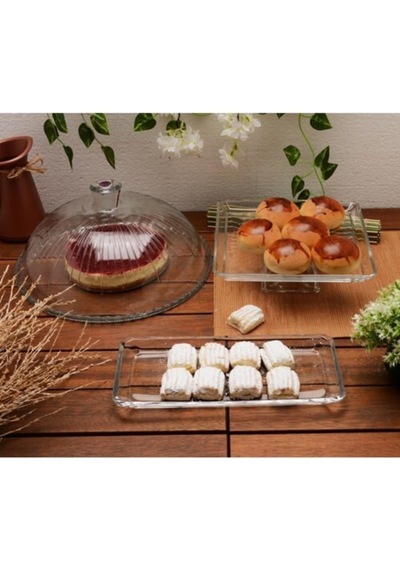 Paşabahçe Patisserie Madlen Pasta Servis Sunum Tabağı Seti, 3 Parça, Cam Çok Renkli