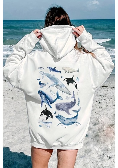 Whales Baskılı Oversize Sweatshirt Beyaz