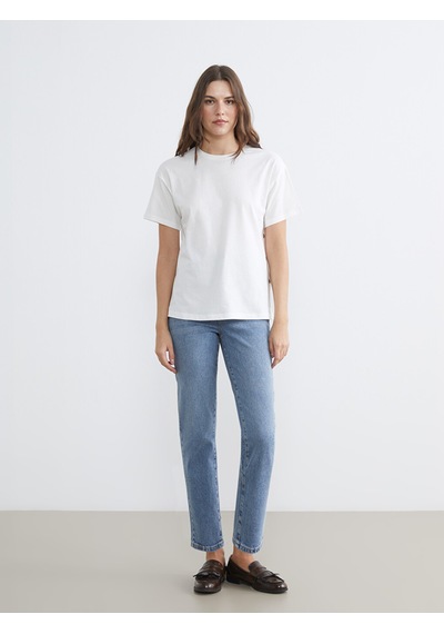 Lcw Comfort İndigo Beli Lastikli Mom Fit Kadın Jean Pantolon
