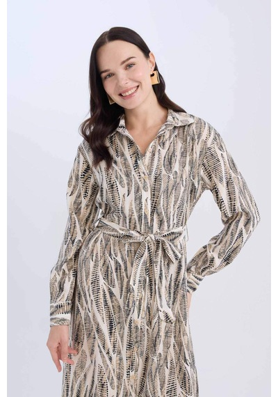 DeFacto Regular Fit Desenli V Yaka Kuşaklı Uzun Kollu Maxi Elbise E0784AX25SPER98 DeFacto Regular Fit Desenli V Yaka Kuşaklı Uzun Kollu Maxi Elbise E0784AX25SPER98