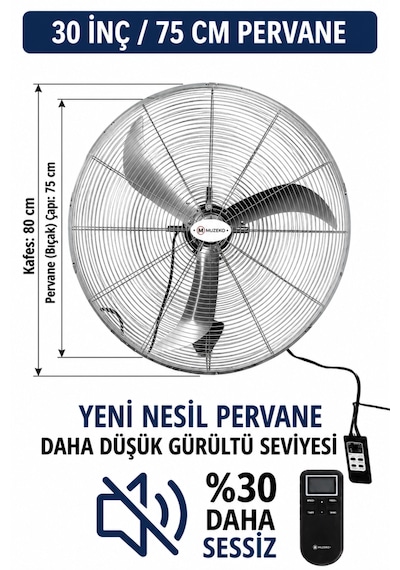 Muzeko Mzk750 30inç 75cm Gümüş Renk Kumandalı Duvar Tipi Sanayi Vantilatör Ev İçin Uygun Değildir