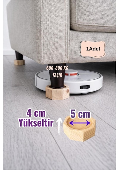 Robot Süpürge İçin Ahşap Koltuk Baza Yükseltici 4cm Yükseltir, Çap.5 Oyuklu Takoz 1 Adet