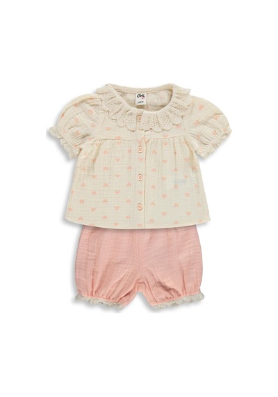 Civil Baby Yaka Dantelli Kalp Baskılı 6-18 Ay Takım - Bej Krem