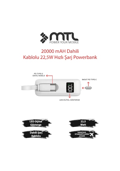 20000 Mah 22.5w Süper Hızlı Şarj Dahili Kablolu Led Göstergeli Pd Ve Qc 3.0 Powerbank Mt4550 Beyaz