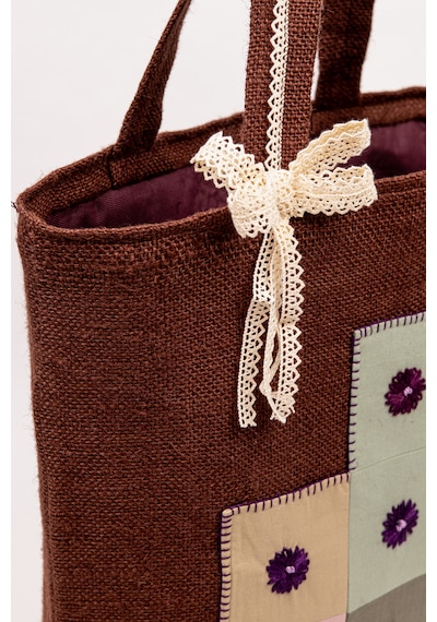Fabric Craft Bag Kadın Omuz Çantası Jüt Kumaş Astarlı İç Cepli Aplikeli Kahverengi 43x40 Cm